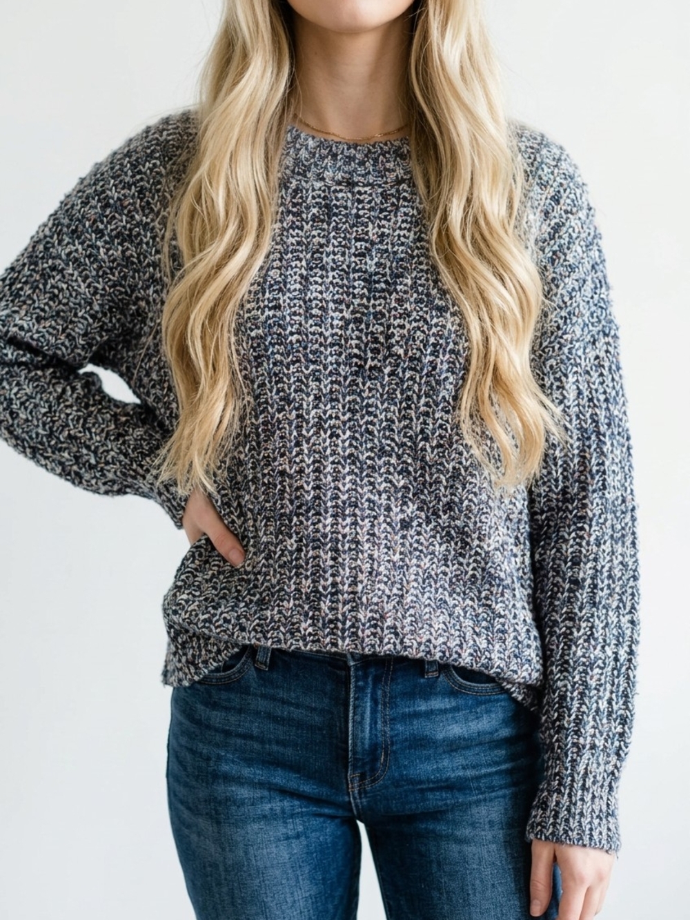 aerie Gray Oversized Marled Knit Crewneck Sweater